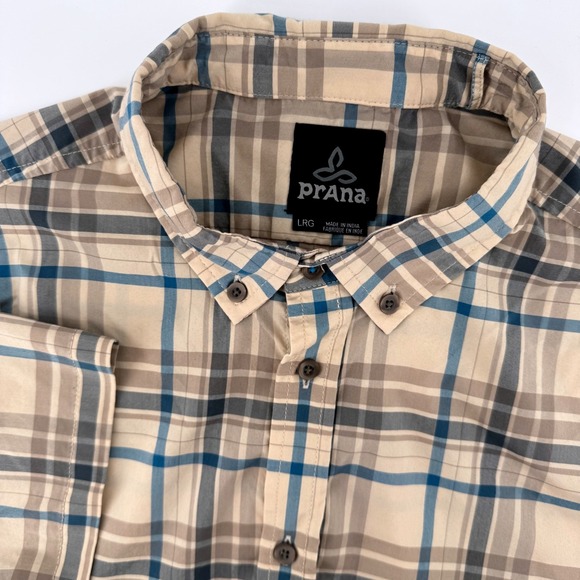 Prana Other - Prana Plaid Shirt Mens Large Tan Blue Short Sleeve Button Down Stretch Casual